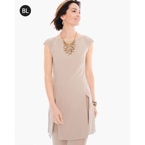 Black Label High Slit Tunic by Chicos Taupe Back Zip Size Small (Chico's Size 0) - Picture 1 of 10